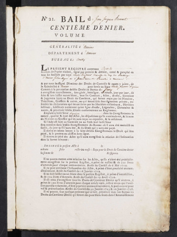 Centième denier du bureau de Conty pour la période du 1er janvier 1765 au 18 août 1767