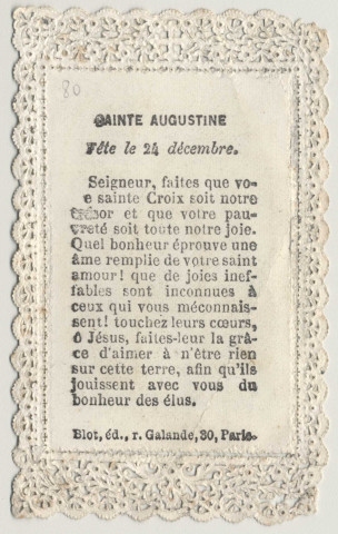 Image pieuse dentelle. Sainte Augustine, fête le 24 décembre
