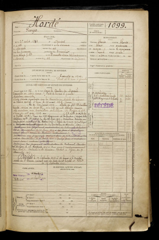 Hordé, Georges, né le 25 août 1888 à Amiens (Somme), classe 1908, matricule n° 1099, Bureau de recrutement de Péronne