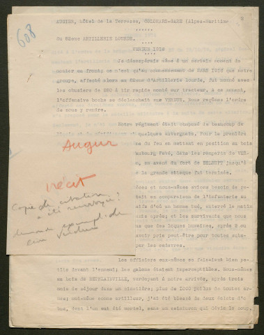Témoignage de Augier, Charles et correspondance avec Jacques Péricard