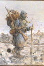 Tableau représentant un soldat de la Guerre 1914-1918 : "90e Tal Flandres 1914 - 15. Au brave guerrier Lachaize. Meilleur souvenir." [signature : Mesnard]