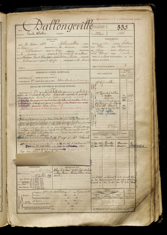 Dallongeville, Louis Nestor, né le 30 août 1889 à Rethonvillers (Somme), classe 1909, matricule n° 335, Bureau de recrutement de Péronne