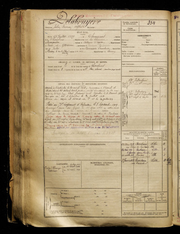 Delabruyère, Julien Damien Alfred, né le 29 juillet 1899 à Chuignes (Somme), classe 1919, matricule n° 354, Bureau de recrutement de Péronne