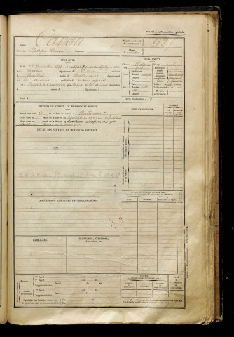 Caron, Georges Honoré, né le 26 décembre 1899 à Margny-sur-Matz (Oise), classe 1919, matricule n° 927, Bureau de recrutement d'Abbeville