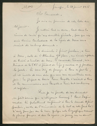 Témoignage de Brand, A. (Président du Front Unique des Anciens Combattants de Mons) et correspondance avec Jacques Péricard