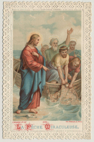 Image pieuse dentelle. La Pêche Miraculeuse. Citation l'Evangile selon saint Luc