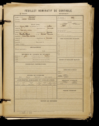 Noiret, Henri Adolphe, né le 06 juin 1898 à Corbie (Somme), classe 1918, matricule n° 267, Bureau de recrutement d'Amiens