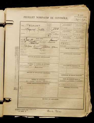 Pecourt, Raymond Gaston, né le 03 janvier 1891 à Beauval (Somme), classe 1911, matricule n° 100, Bureau de recrutement d'Abbeville