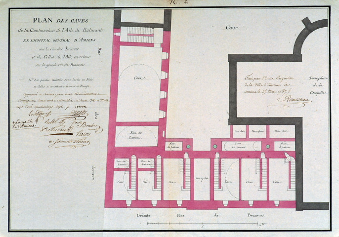 Plan des caves de la continuation de l'aile de bâtiment de l'hôpital général d'Amiens