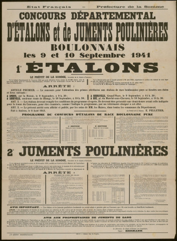 Affiche. Préfecture de la Somme. Concours départemental d'étalons et de juments poulinières boulonnais les 9 et 10 septembre 1941. Signé : le préfet de la Somme, E. Pelletier le 8 août 1941