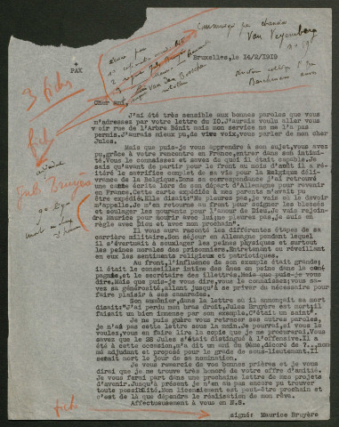 Témoignage de Bruyère, Maurice (Caporal) et correspondance avec Jacques Péricard