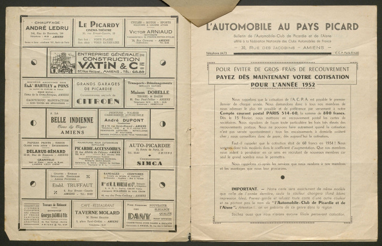 L'Automobile au Pays Picard. Revue officielle de l'Automobile-Club de Picardie et de l'Aisne, 368, janvier 1952