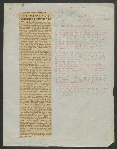 Témoignage de Coosemans, A. (Sergent fourrier) et correspondance avec Jacques Péricard