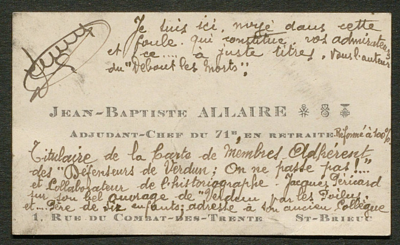 Témoignage de Allaire, Jean-Baptiste et correspondance avec Jacques Péricard