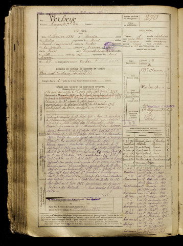 Verheye, Auguste Léon, né le 07 février 1881 à Herrin (Nord), classe 1903, matricule n° 270, Bureau de recrutement d'Amiens