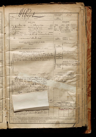 Albert, Arthémis Emile Jules, né le 31 juillet 1872 à Bellancourt (Somme), classe 1892, matricule n° 843, Bureau de recrutement d'Abbeville