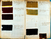 Echantillons de textile de la manufacture d'Amiens annexés à un mémoire : étamine de soie, étamine façon du Mans, étamine rayée, crépon de laine, peluches sur soie, velours