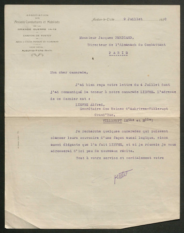 Témoignage de Lièvre, Alfred et correspondance avec Jacques Péricard