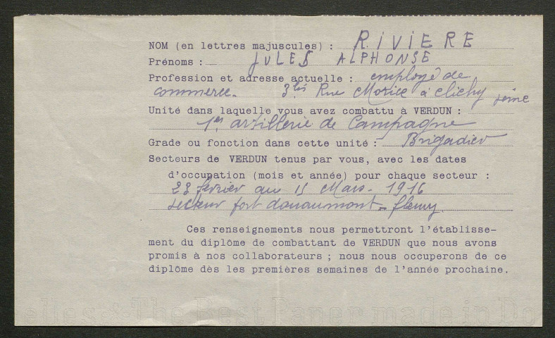 Témoignage de Rivière, Jules et correspondance avec Jacques Péricard