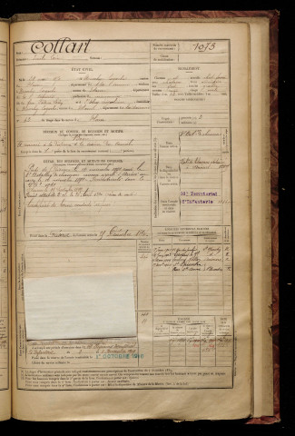 Collart, Emile Léon, né le 28 mai 1870 à Monchy-Lagache (Somme), classe 1890, matricule n° 1073, Bureau de recrutement de Péronne