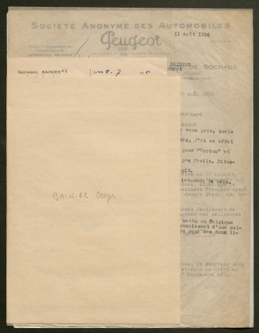 Témoignage de Bainier, Georges (Sous-lieutenant) et correspondance avec Jacques Péricard