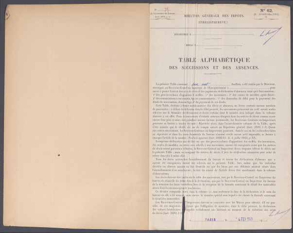 Table des successions et absences du bureau d'Amiens