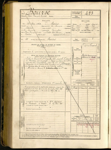 Bourse, Pierre François Amédée, né le 22 mai 1864 à Rosières-en-Santerre (Somme, France), classe 1884, matricule n° 423, Bureau de recrutement de Péronne