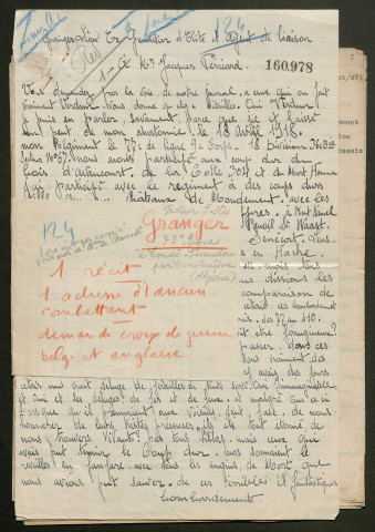 Témoignage de Granger, Léon (Grenadier d'élite et agent de liaison) et correspondance avec Jacques Péricard