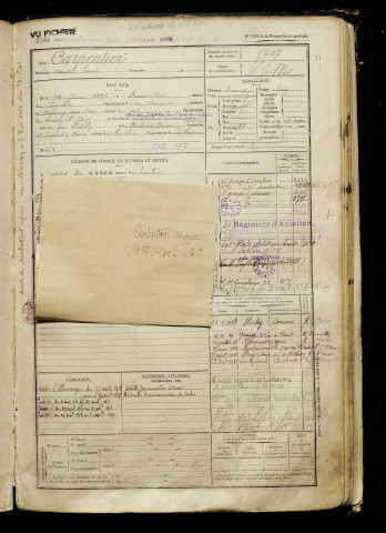 Carpentier, Marcel Louis, né le 19 juin 1896 à Franvillers (Somme), classe 1916, matricule n° 1407, Bureau de recrutement d'Amiens