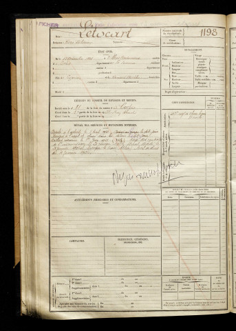 Létocart, René Félicien, né le 15 décembre 1901 à Villers-Bretonneux (Somme), classe 1921, matricule n° 1198, Bureau de recrutement d'Amiens