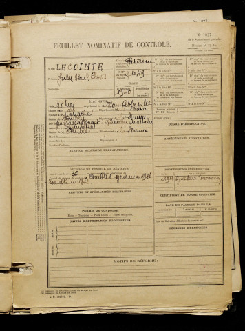 Lecointe, Jules Paul Clovis, né le 28 mai 1890 à Abbeville (Somme), classe 1910, matricule n° 1049, Bureau de recrutement de Péronne