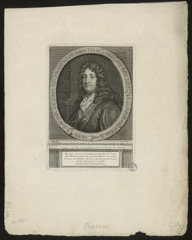 Jean Racine de l'Académie Françoise Genthilhomme Ordre du Roy décédé le 22 avril 1639, âgé de 59 ans