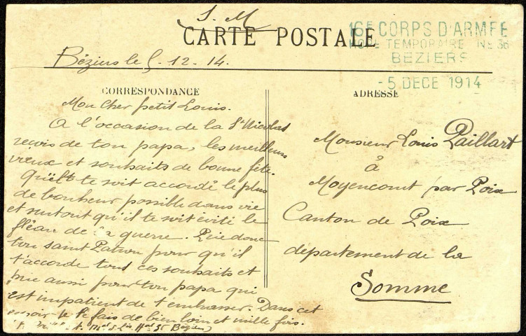 Carte postale intitulée "Béziers. Les arènes". Correspondance de Raymond Paillart à son fils Louis