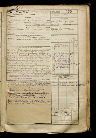 Plomion, Alphonse, né le 08 septembre 1896 à Heudicourt (Somme), classe 1916, matricule n° 453, Bureau de recrutement de Péronne