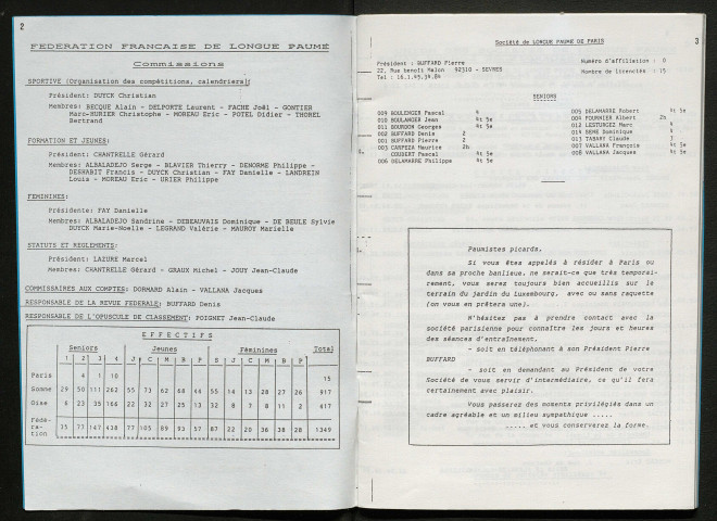 Opuscule (année 1992). Fédération française de Longue Paume : liste des sociétés, classement des joueurs et calendrier