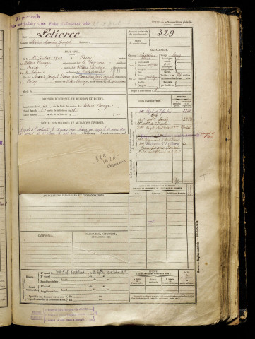 Letierce, Adrien Maurice Joseph, né le 01 juillet 1900 à Coisy (Somme), classe 1920, matricule n° 329, Bureau de recrutement d'Amiens