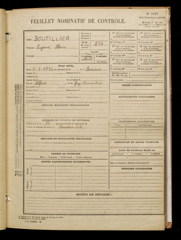 Boutillier, Eugène Henri, né le 05 mars 1893 à Amiens (Somme), classe 1913, matricule n° 834, Bureau de recrutement d'Amiens