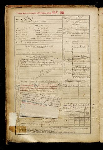 Séry, Emile Hector Auguste, né le 23 décembre 1877 à Vendhuile (Aisne), classe 1897, matricule n° 645, Bureau de recrutement de Péronne
