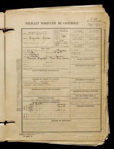 Choquet, Augustin Narcisse, né le 27 août 1891 à Puisieux (Pas-de-Calais), classe 1911, matricule n° 673, Bureau de recrutement d'Amiens