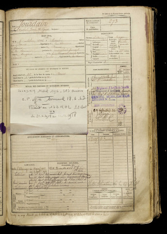 Jourdain, Michel Jean Wilfrid, né le 08 octobre 1896 à Cachy (Somme), classe 1916, matricule n° 273, Bureau de recrutement d'Amiens