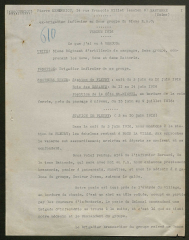 Témoignage de Kérouvriou, Pierre (Brigadier infirmier) et correspondance avec Jacques Péricard
