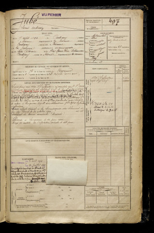 Jubé, Louis Adrien, né le 07 août 1892 à Cartigny (Somme), classe 1912, matricule n° 497, Bureau de recrutement de Péronne