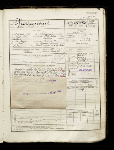 Moriaucourt, Joseph Louis, né le 01 septembre 1898 à Sallaumines (Pas-de-Calais), classe 1918, matricule n° 4020, Bureau de recrutement d'Amiens