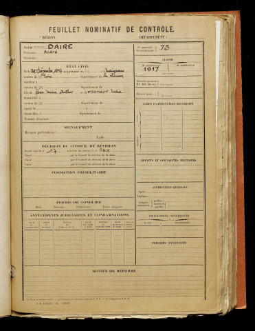 Daire, André, né le 25 décembre 1897 à Meigneux (Somme), classe 1917, matricule n° 73, Bureau de recrutement d'Amiens