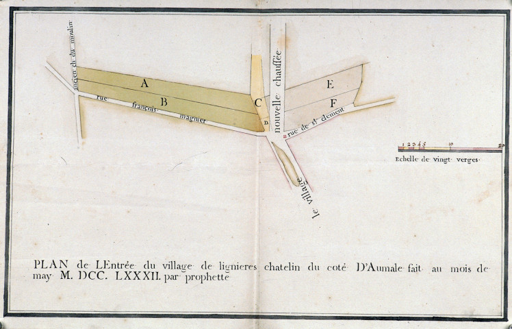 Plan de l'entrée du village de Lignières-Châtelain, du côté d'Aumale, fait au mois de mai 1782, par Prophette