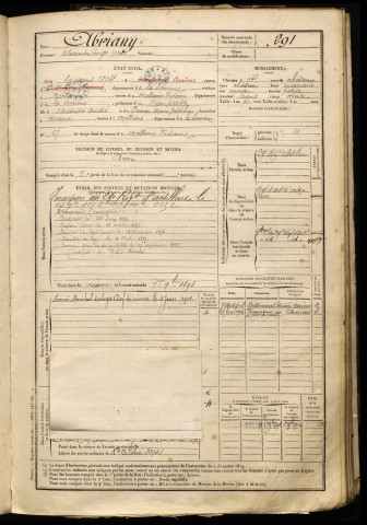 Abriany, Alexandre Georges Oscar, né le 30 avril 1874 à Amiens (Somme), classe 1894, matricule n° 291, Bureau de recrutement d'Amiens