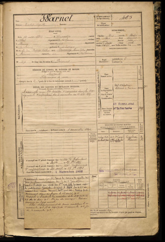 Warnet, Nicolas Cyrille, né le 15 août 1868 à Courcelette (Somme), classe 1888, matricule n° 485, Bureau de recrutement de Péronne