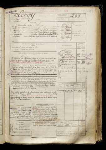 Leroy, Guy Charles, né le 06 novembre 1891 à Sourdon (Somme), classe 1911, matricule n° 293, Bureau de recrutement de Péronne