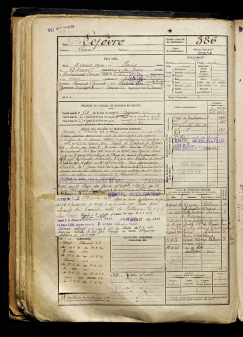 Lefèvre, Léonce, né le 04 août 1900 à Paris 18e Arrondissement (Paris), classe 1920, matricule n° 586, Bureau de recrutement d'Amiens