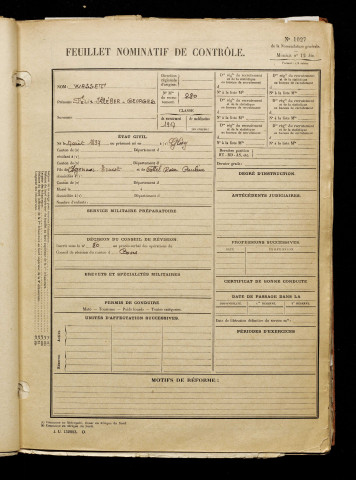 Wasset, Félix Kléber Georges, né le 17 août 1897 à Glisy (Somme), classe 1917, matricule n° 280, Bureau de recrutement d'Amiens